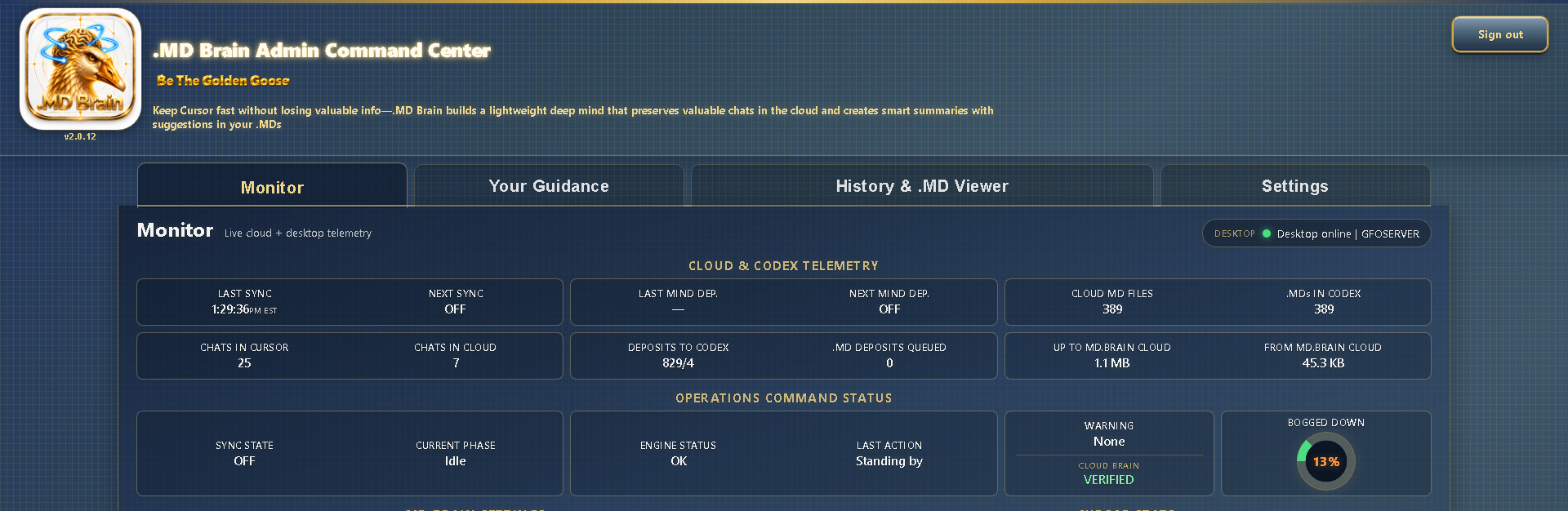 MD.Brain Cloud Admin Command Center — Monitor, Your Guidance, History, and Settings