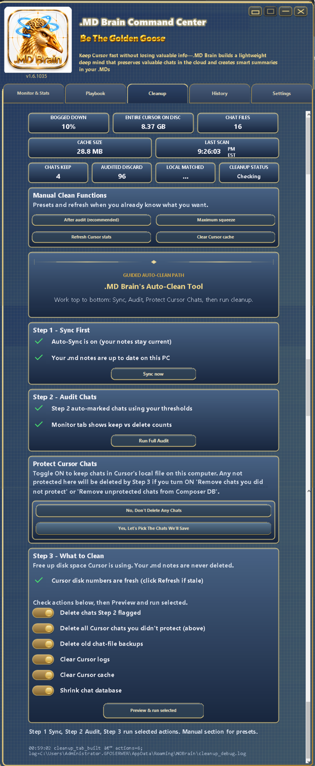 MD.Brain Cleanup tab — status tiles, Manual Clean Functions, and Auto-Clean Steps 1 through 3