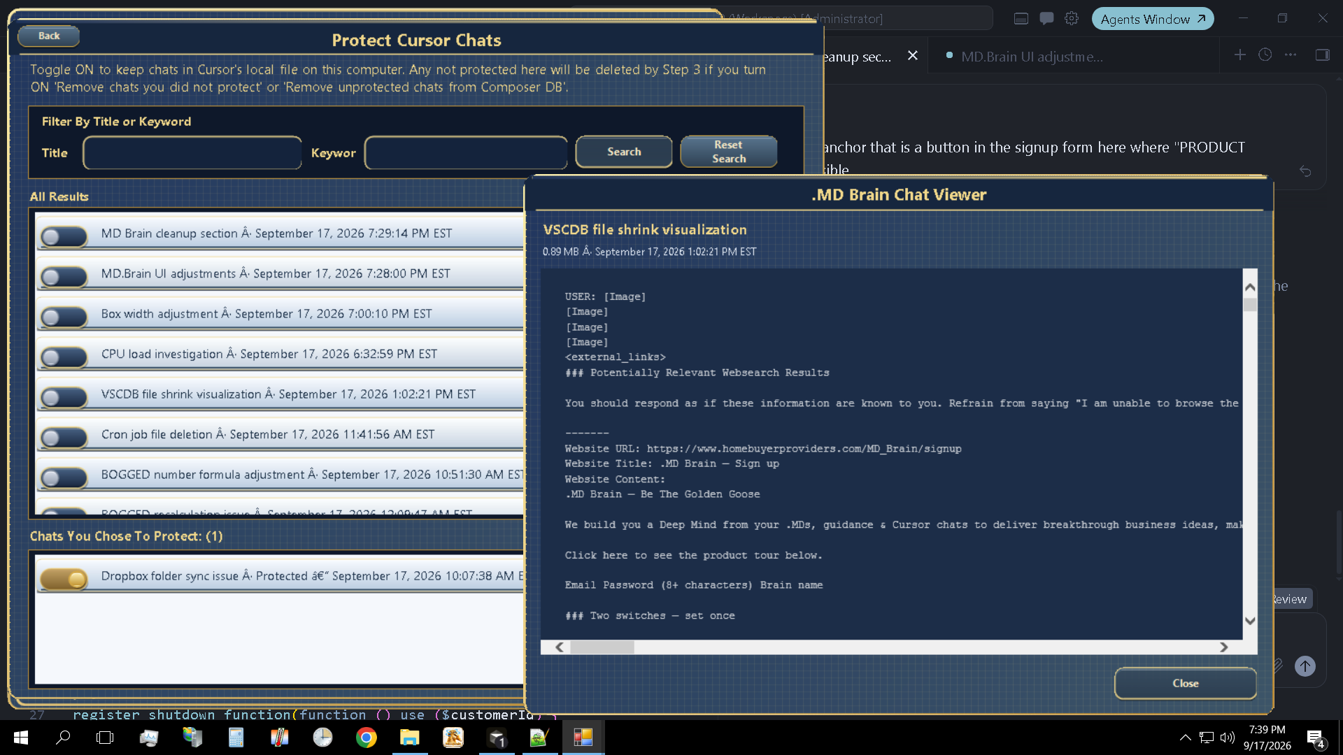 Protect Cursor Chats — filter chats by title or keyword, open a chat in .MD Brain Chat Viewer, then toggle ON to protect it from cleanup