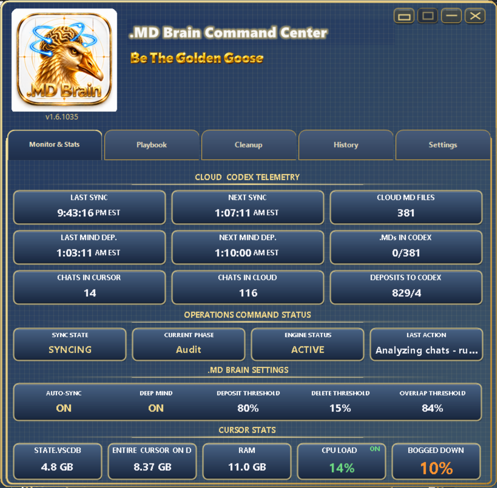 MD.Brain desktop Command Panel — Monitor and Stats, Playbook, Cleanup, History, and Settings